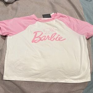 Barbie White Tee with Light Pink Raglan Sleeves and Logo